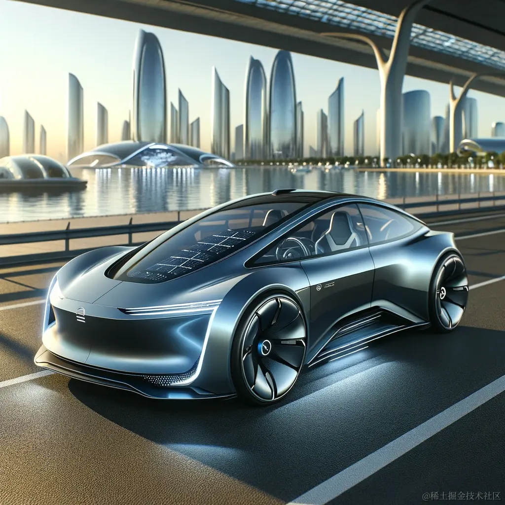 DALL·E 2023-12-29 18.04.24 - A futuristic electric car, showcasing sleek and modern design. The car is depicted on a smooth, open road with a cityscape in the background. The focu.png