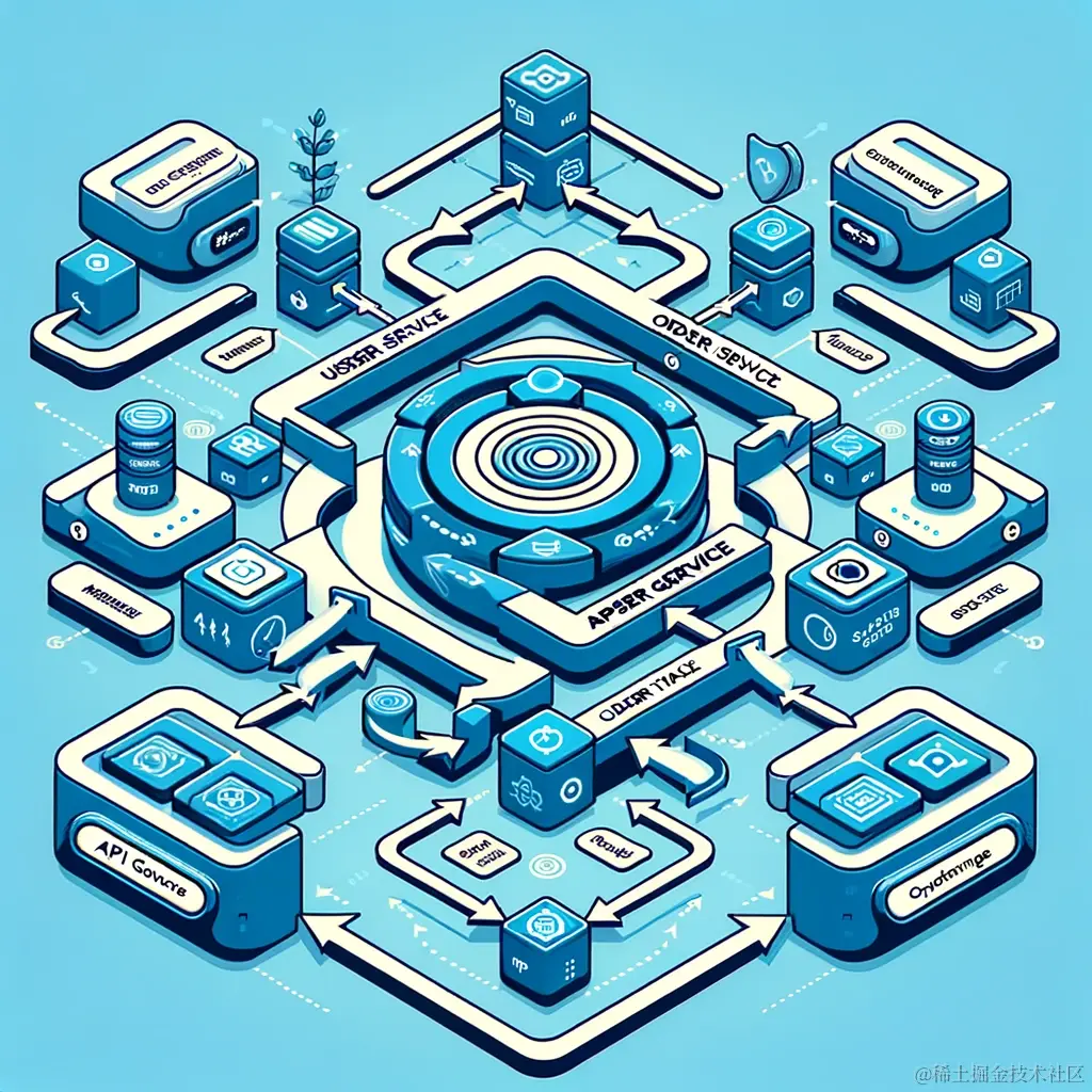 DALL·E 2023-12-19 00.01.37 - Illustration showing the API Gateway pattern in microservices architecture. The image should depict an API Gateway as a central hub, with arrows leadi.png