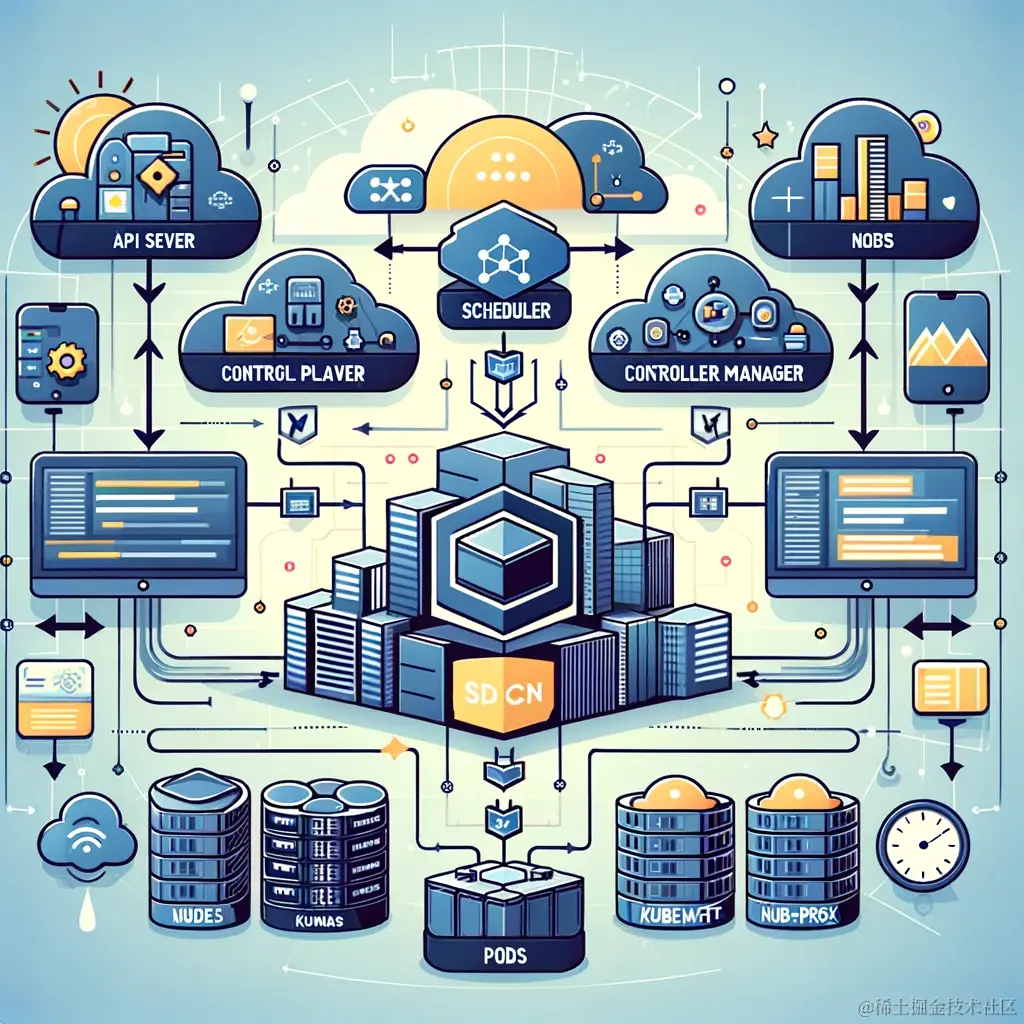 DALL·E 2024-02-03 16.02.50 - Illustrate the architecture of Kubernetes showing its core components including the Control Plane with API server, scheduler, controller manager, etcd.webp