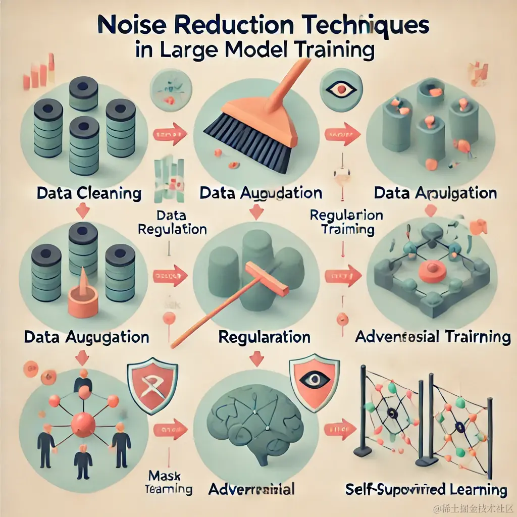 DALL·E 2024-07-08 22.06.19 - An illustrative diagram for noise reduction techniques in large model training. The diagram is divided into five sections, each representing a differe.webp
