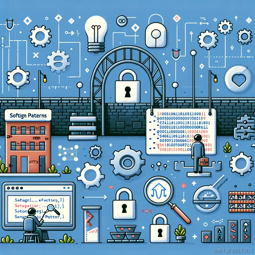 DALL·E 2024-02-01 20.13.03 - An illustration showing a software development scene. On one side, there are symbols representing typical design patterns like gears for Factory Patte.png