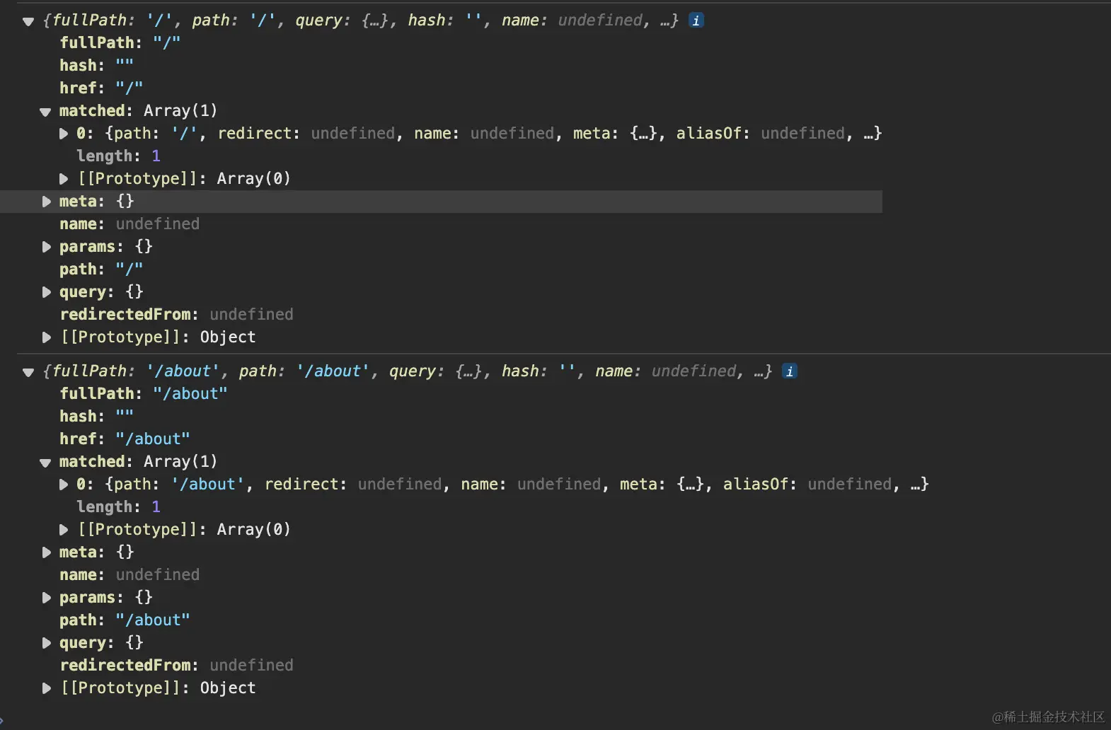 切换路由时，打印的相关路由信息