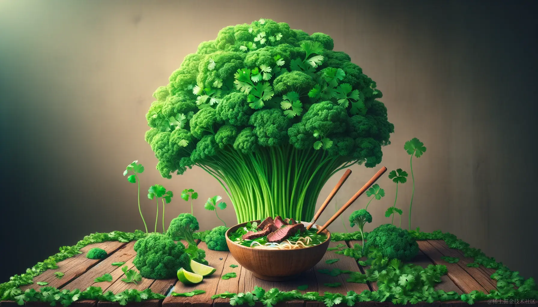 DALL·E 2023-12-23 17.33.26 - Imagine a whimsical scene where a bowl of beef noodles has been transformed into a fantastical cilantro wonderland. The cilantro has grown into an eno.png
