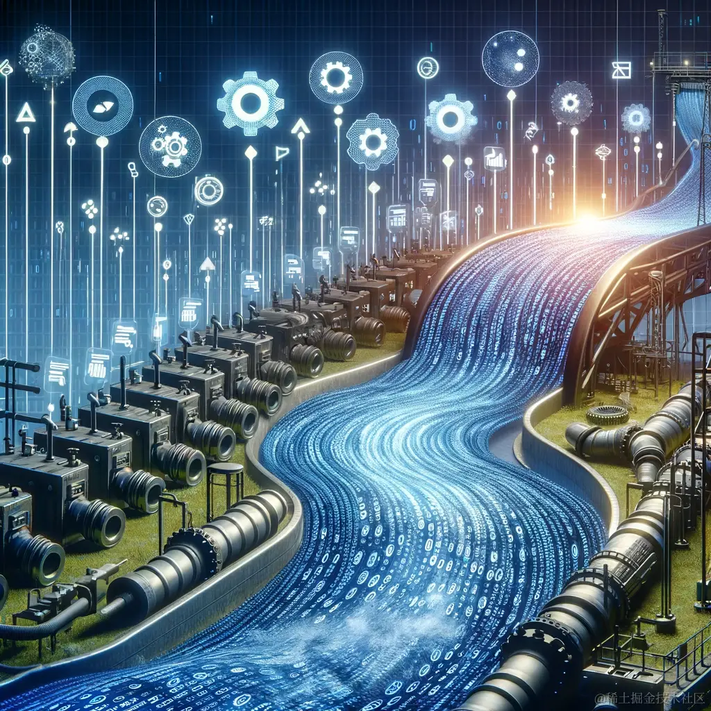 DALL·E 2024-01-07 15.48.41 - An illustration depicting the concept of Stream Processing in software design. The image shows a flowing river made of binary code, representing a dat.png