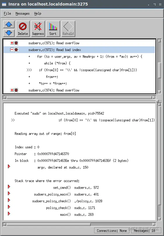 CVE-2021-3156的Insure++ sudoers.c(972)读坏索引的屏幕截图