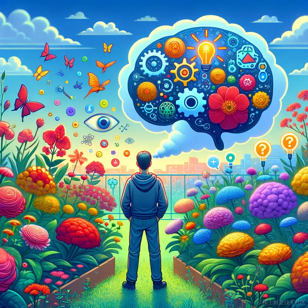 DALL·E 2024-02-17 11.34.03 - Illustrate a scene where a person is standing in a garden, visually observing the flowers. This scene should depict the process of perception through .webp