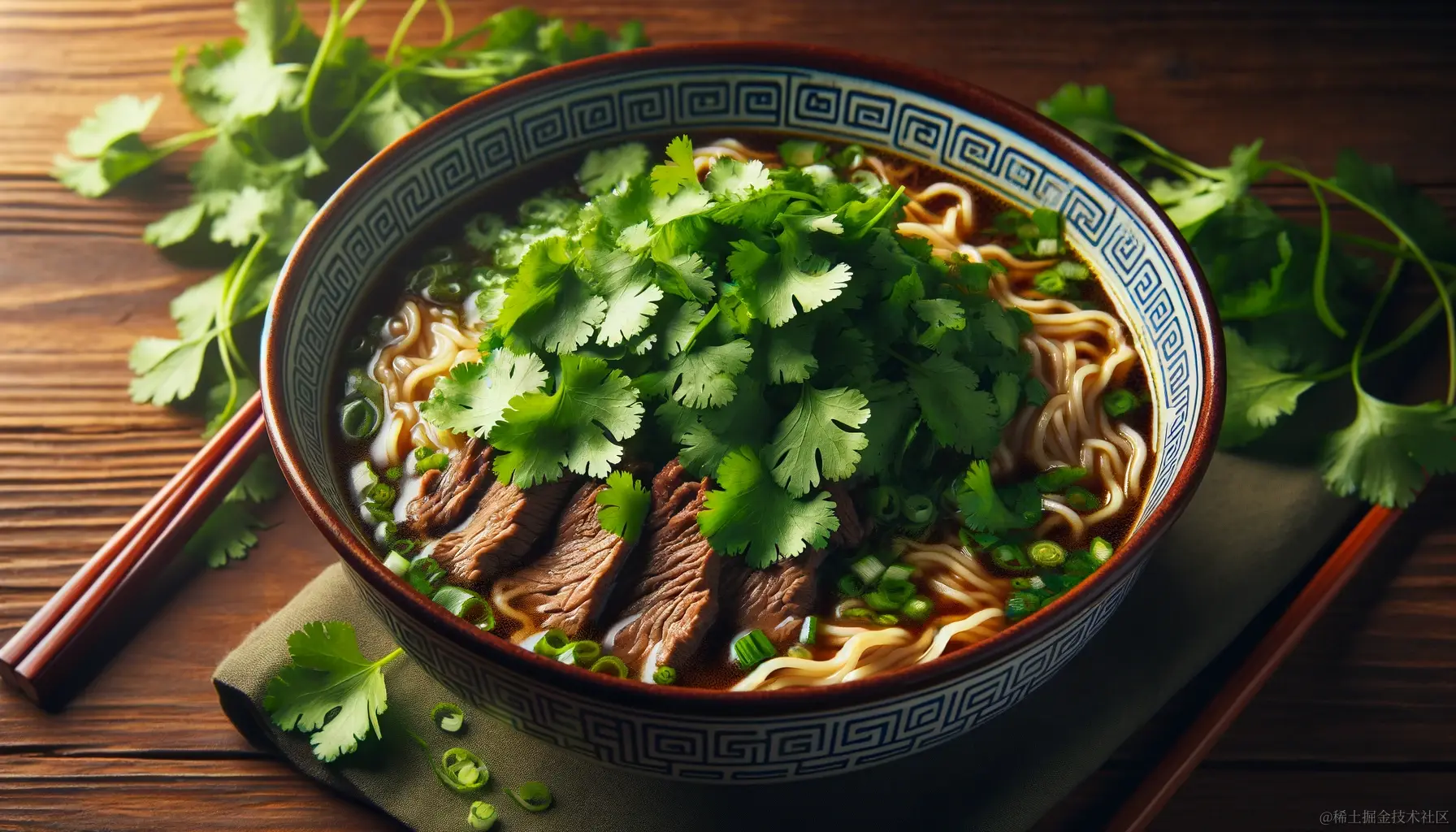 DALL·E 2023-12-23 17.33.22 - A bowl of beef noodles in a 16_9 aspect ratio, with an abundance of fresh cilantro prominently on top, almost covering the view of the noodles and bee.png