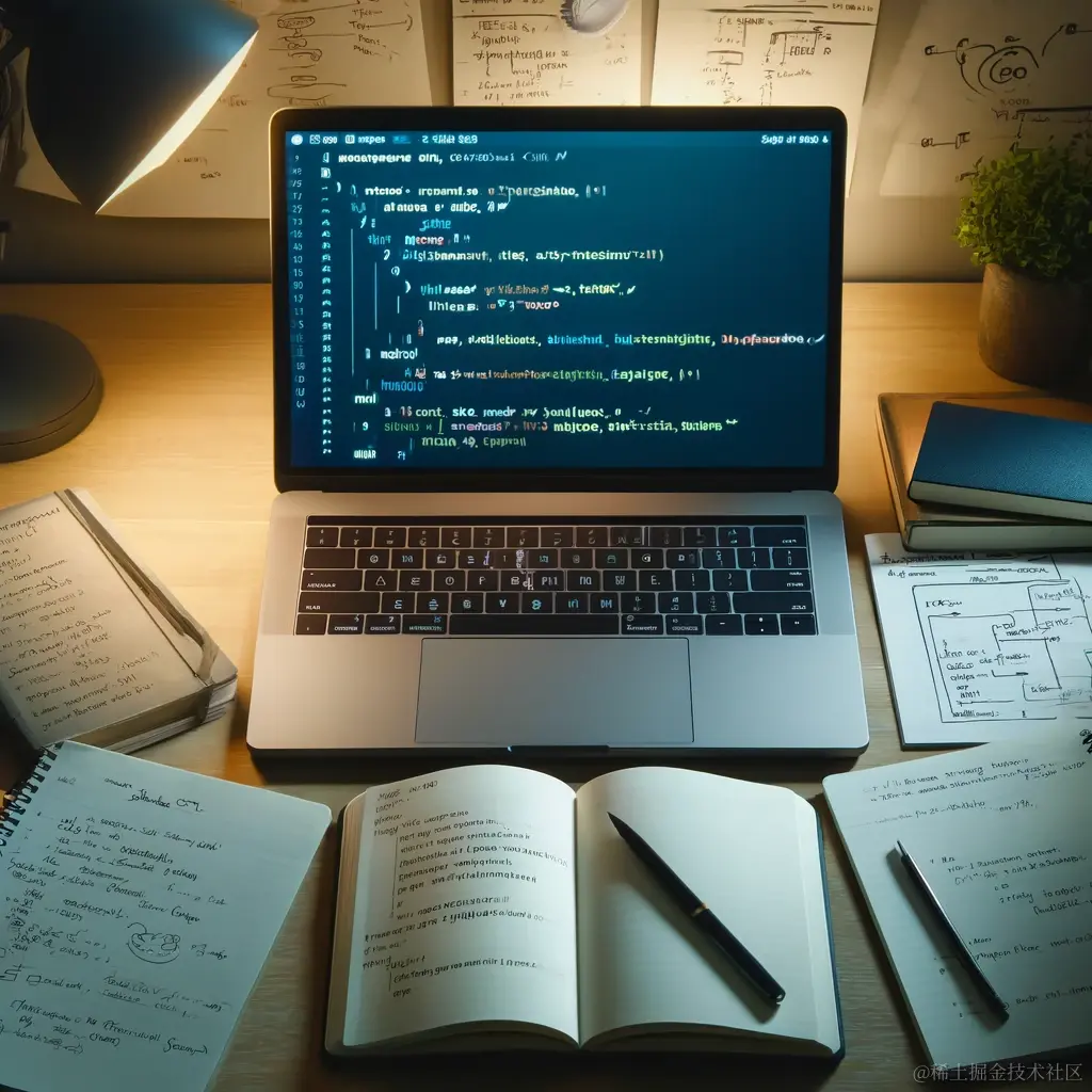 DALL·E 2024-04-08 12.36.34 - An open laptop displaying Python code on its screen, surrounded by notebooks filled with handwritten notes, diagrams, and snippets of code. The settin.webp