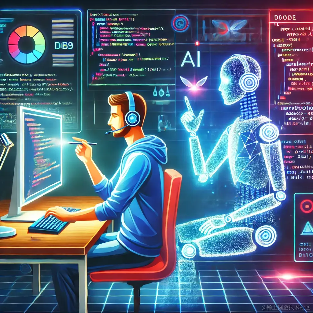 DALL·E 2024-07-04 21.11.08 - A vibrant and modern illustration of a software developer working alongside an AI assistant. The developer is sitting at a desk with a computer, typin.webp