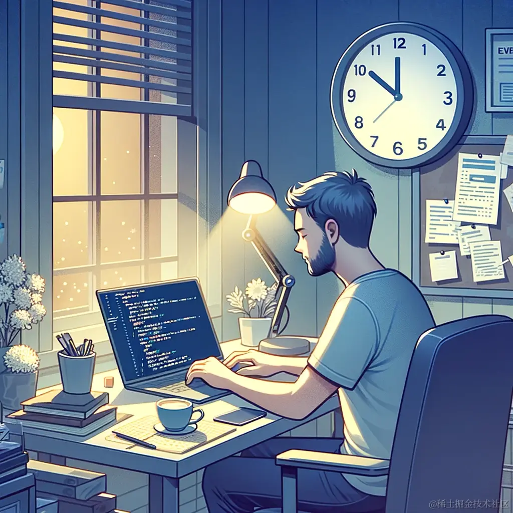 DALL·E 2024-03-10 16.27.13 - An illustration of a busy software developer finding time to contribute to an open source project after work hours. The scene shows a person at a home.webp
