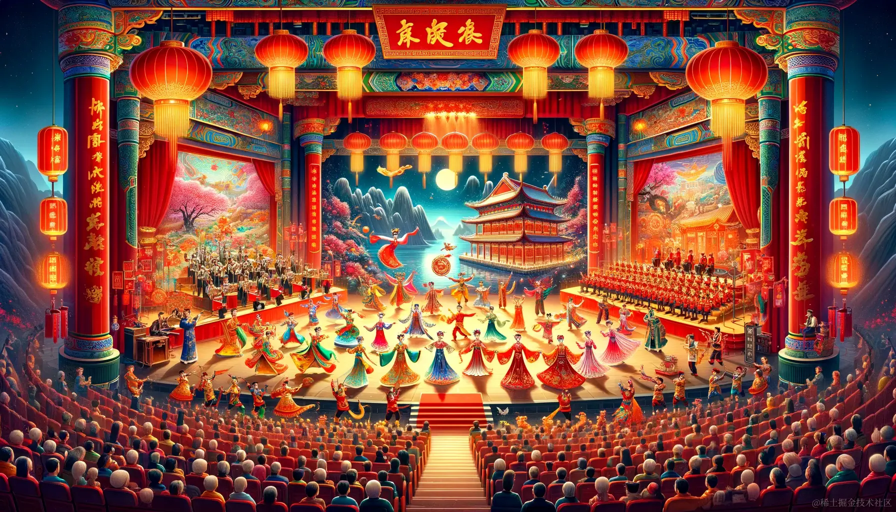 DALL·E 2023-12-19 10.20.32 - A vibrant and festive scene depicting the Chinese Spring Festival Gala, showcasing a variety of performances on a grand stage. The scene includes trad.png