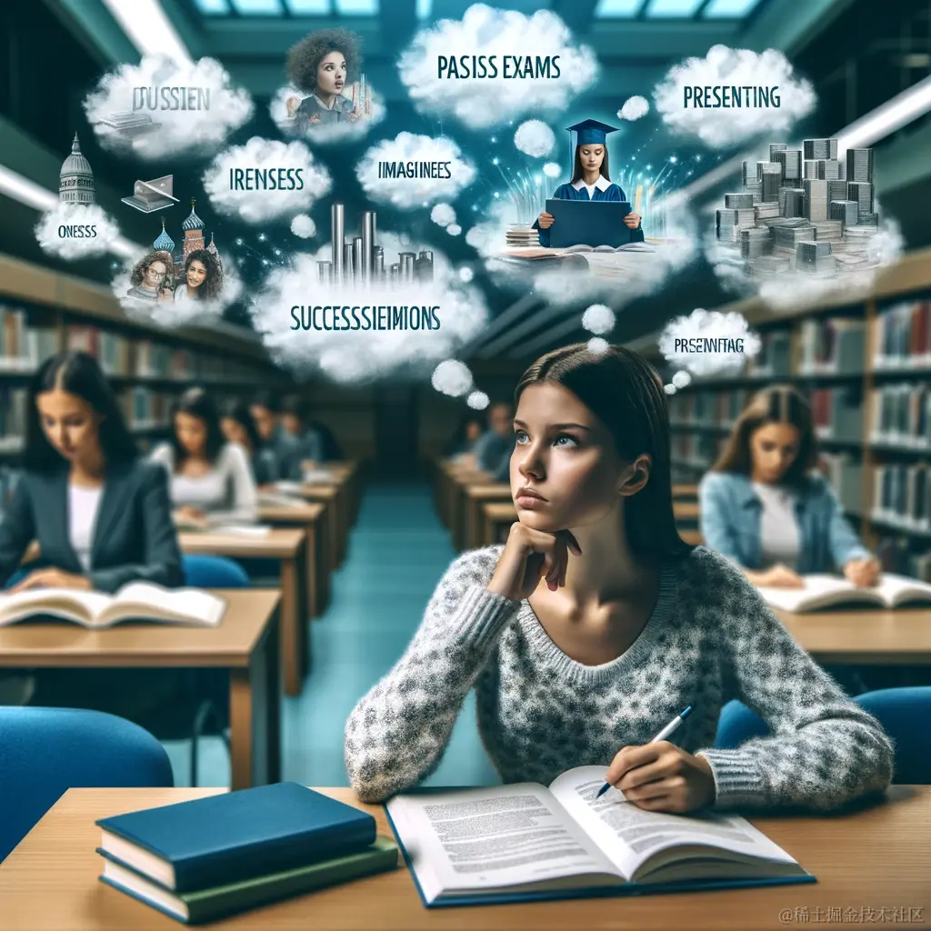 DALL·E 2023-12-30 14.06.23 - A student studying intently in a library with imagined successful scenarios like passing exams or presenting at a conference appearing as thought bubb.png