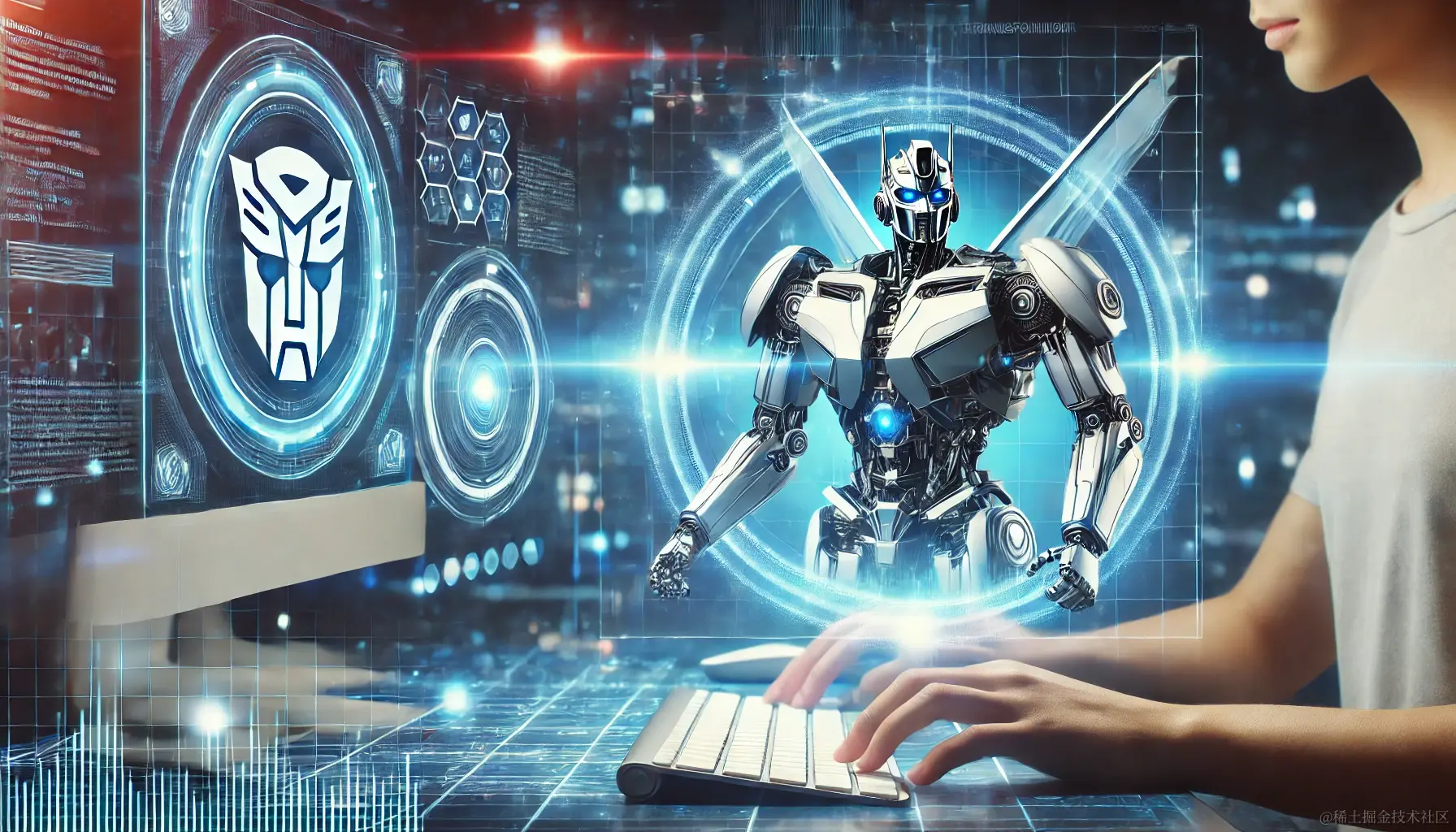 DALL·E 2024-06-26 22.18.41 - A futuristic concept illustration of a Transformer-based chatbot. The image should feature a sleek and modern robot interacting with a user via a holo.webp