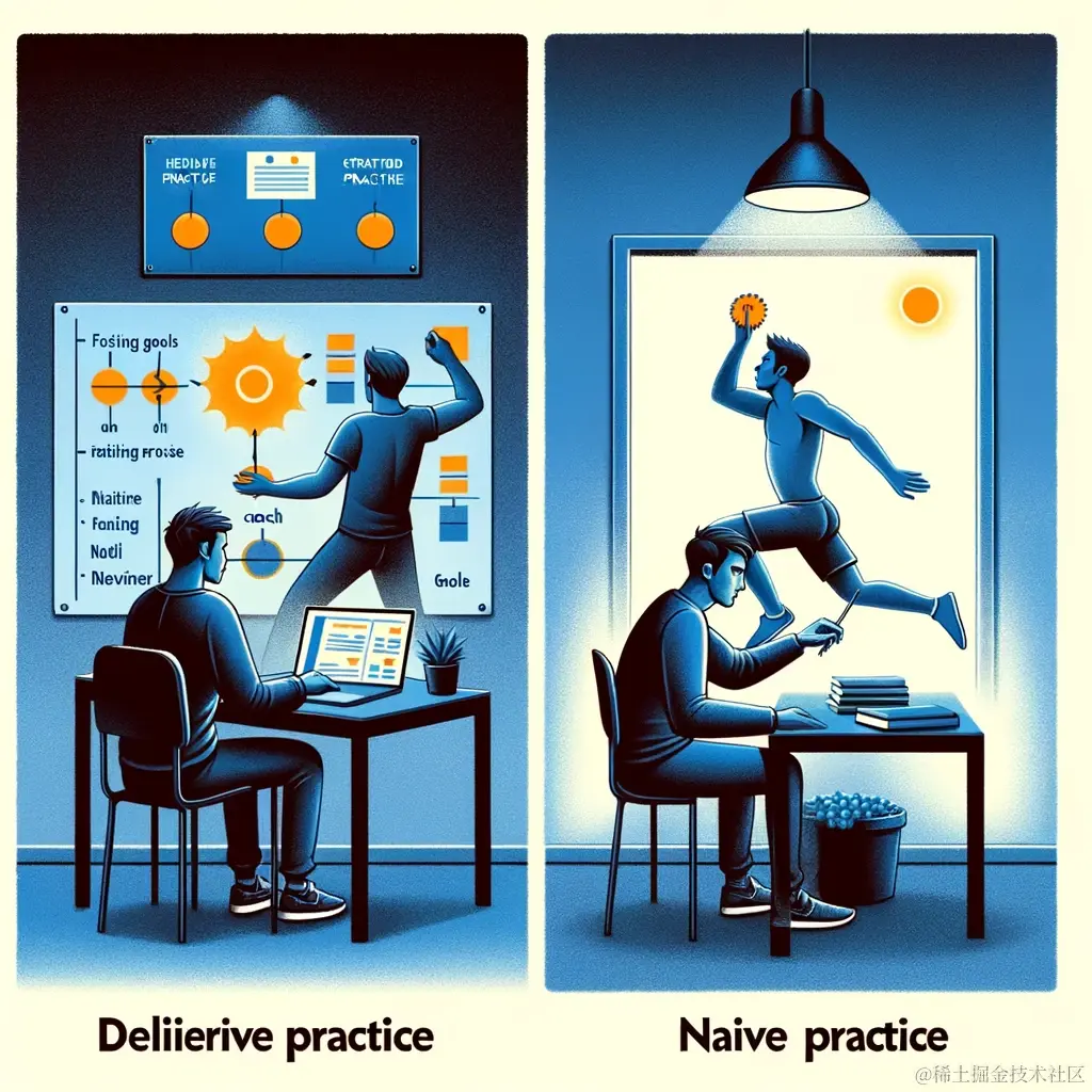 DALL·E 2023-12-22 21.02.11 - An image depicting the contrast between deliberate practice and naive practice. On one side, a person is engaging in focused, structured training with.png