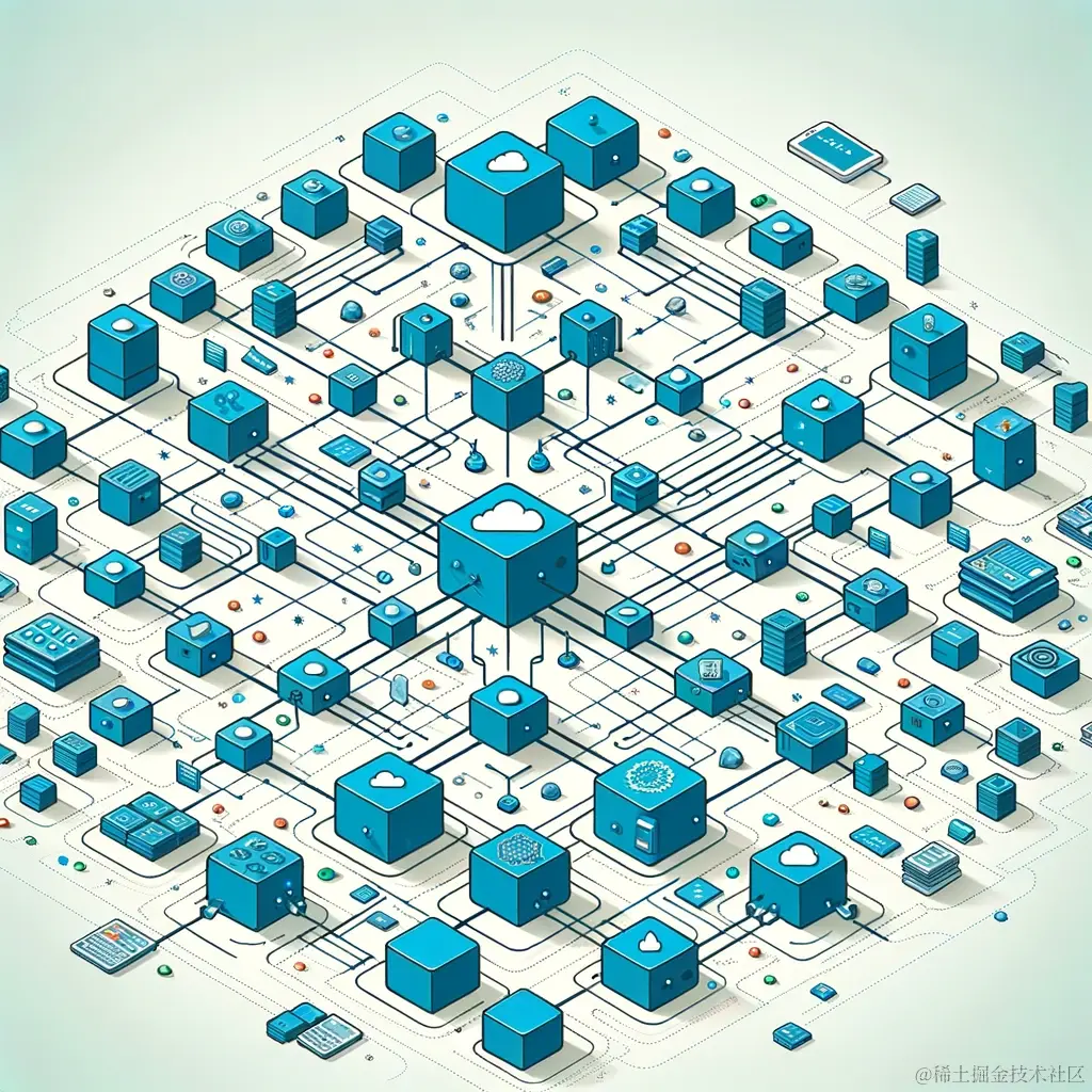 DALL·E 2023-12-10 14.31.37 - Illustration of Microservices Architecture in a large enterprise system. The image should depict a network of small, independent services communicatin.png