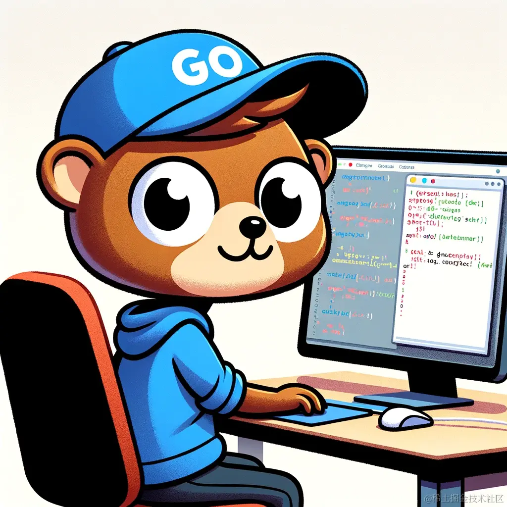 DALL·E 2024-01-15 22.51.47 - A cartoon image of the Go language's mascot, Gopher, wearing casual programmer attire, sitting at a desk and looking intently at a computer screen. Th.png
