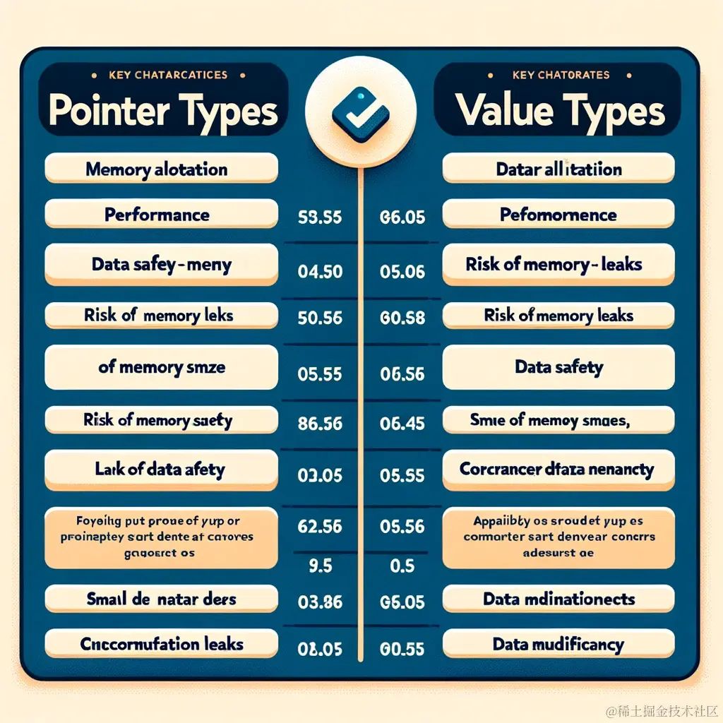DALL·E 2023-12-01 21.12.41 - An informative diagram comparing pointer types and value types in programming. The diagram should be divided into two columns, one for pointer types a.png