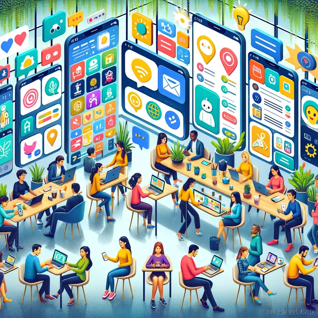 DALL·E 2024-02-25 14.05.07 - Illustrate an engaging scene of users interacting with a variety of GPT applications within the GPT Store environment. Picture a diverse group of indi.webp