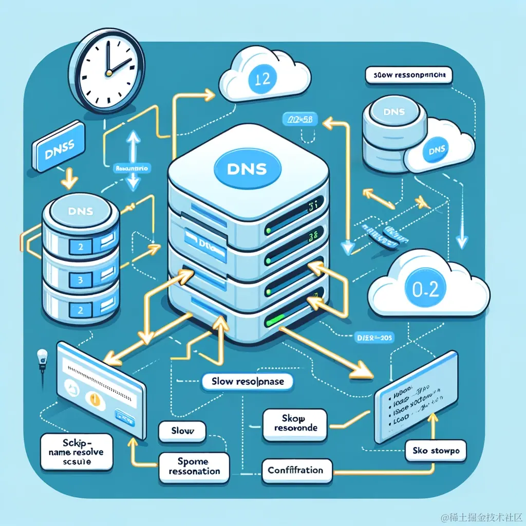 DALL·E 2023-11-25 15.03.47 - An informative illustration showing the process of DNS resolution in MySQL. Include a MySQL server connected to a DNS server, with arrows showing the .png