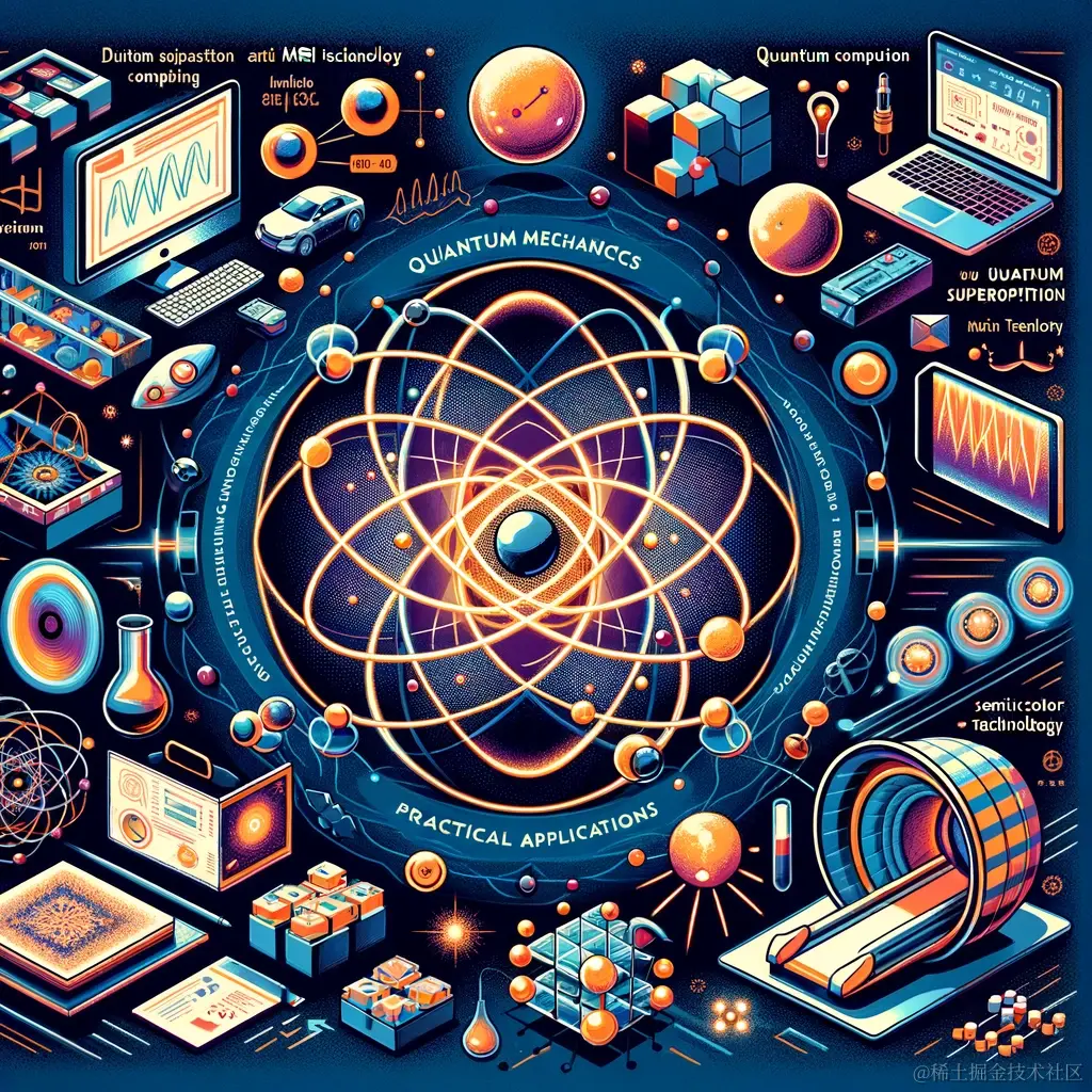 DALL·E 2024-01-17 22.04.40 - An educational illustration depicting the fundamental concepts of quantum mechanics and their manifestations in the real world. The image should inclu.png