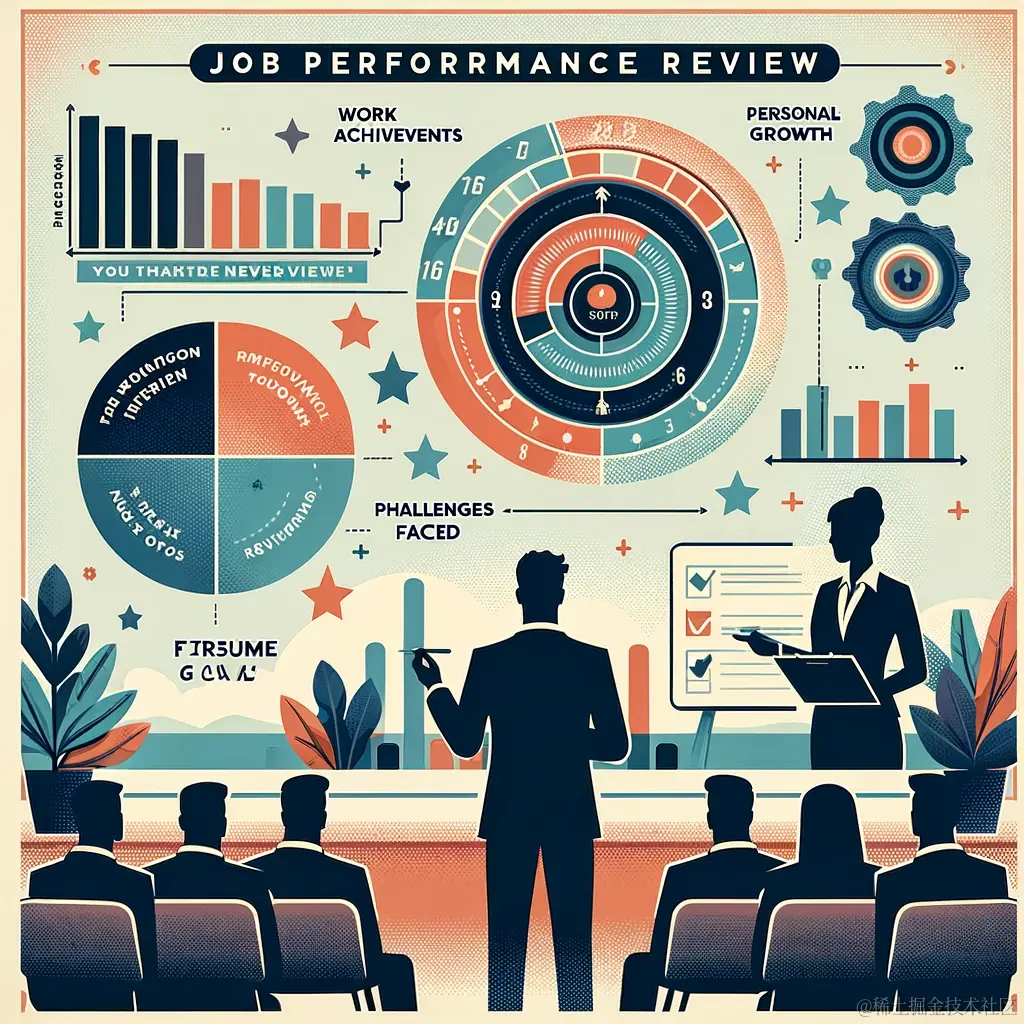DALL·E 2024-01-21 13.07.05 - An infographic illustrating the concept of job performance review in a corporate setting. The image should include elements like a pie chart showing d.png