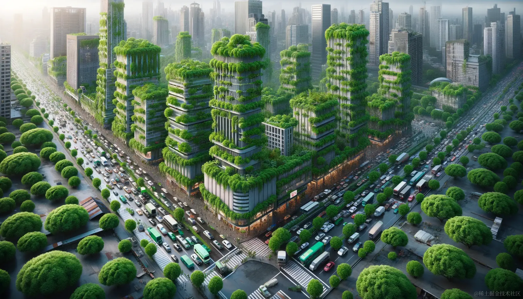 DALL·E 2023-12-23 17.33.32 - Imagine a bustling cityscape where every building, skyscraper, and structure is completely overgrown with cilantro. The cilantro has taken over, with .png