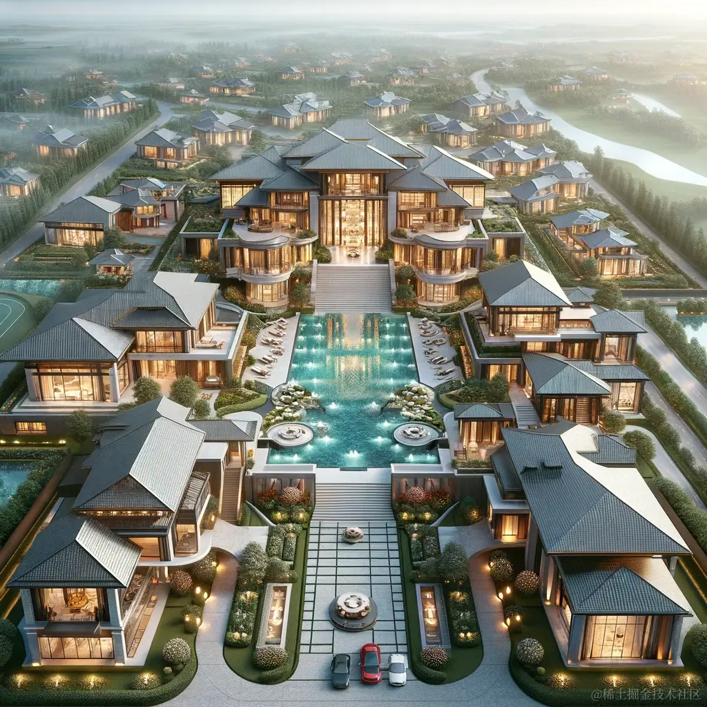 DALL·E 2024-01-08 15.16.54 - An ultra-luxurious and expansive estate that looks like it's worth 100 million yuan. The estate is vast, encompassing a main house and possibly severa.png