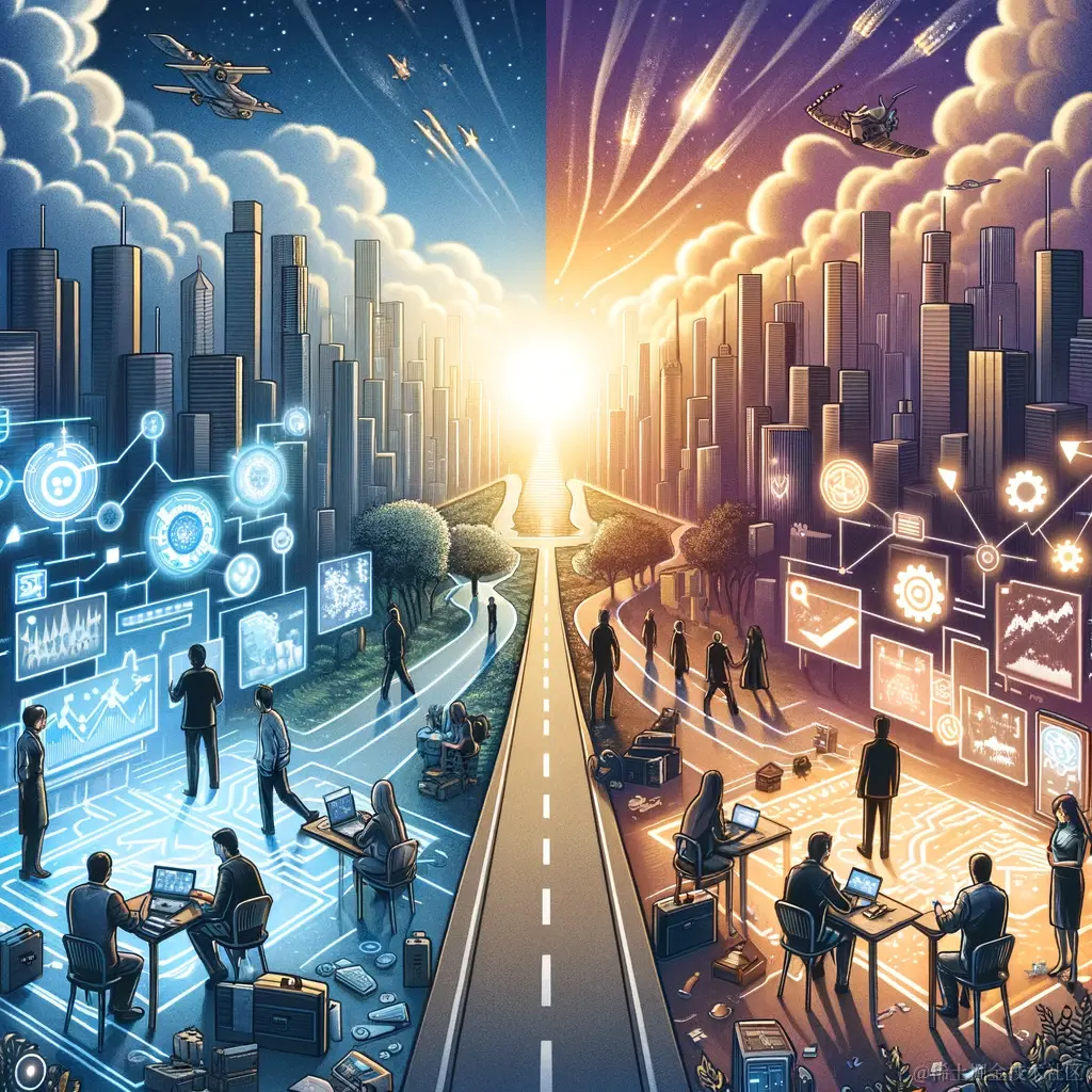 DALL·E 2024-01-06 16.05.12 - An illustration for an article comparing 'Tech Geniuses and Strategic Savants_ Divergent Paths in the Workplace.' The image depicts two distinct paths.png