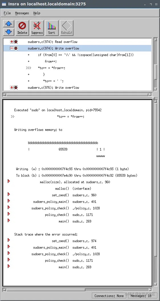 CVE-2021-3156的Insure++ sudoers.c (974)写溢出的屏幕捕获
