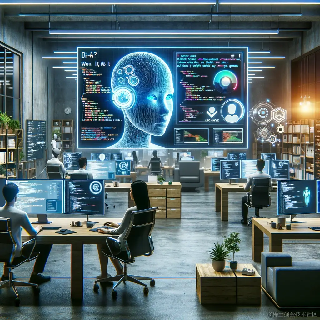 DALL·E 2024-02-25 13.34.07 - A futuristic office scene with programmers working alongside advanced AI assistants displayed on large monitors, showing code analysis, debugging sess.webp