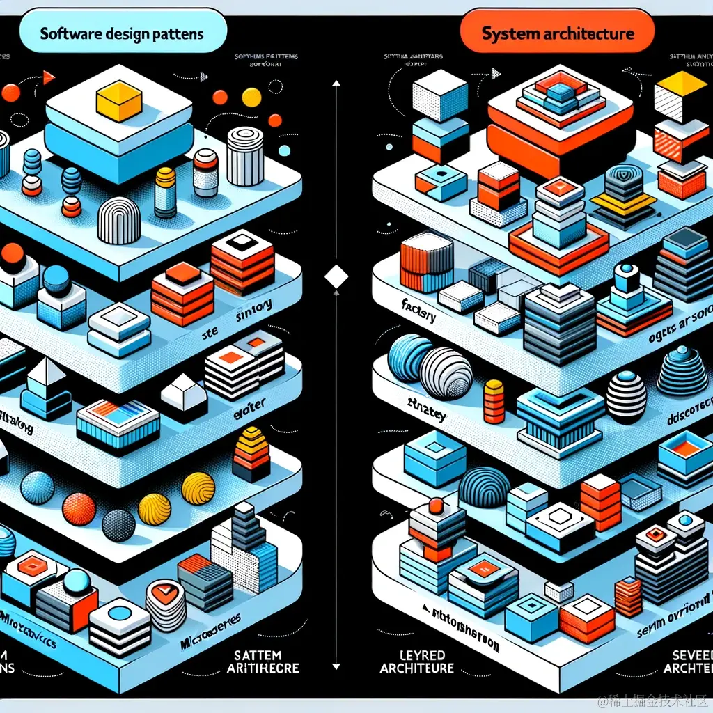DALL·E 2023-12-10 14.57.48 - A conceptual illustration showing the difference between software design patterns and system architecture design patterns. The left side of the image .png
