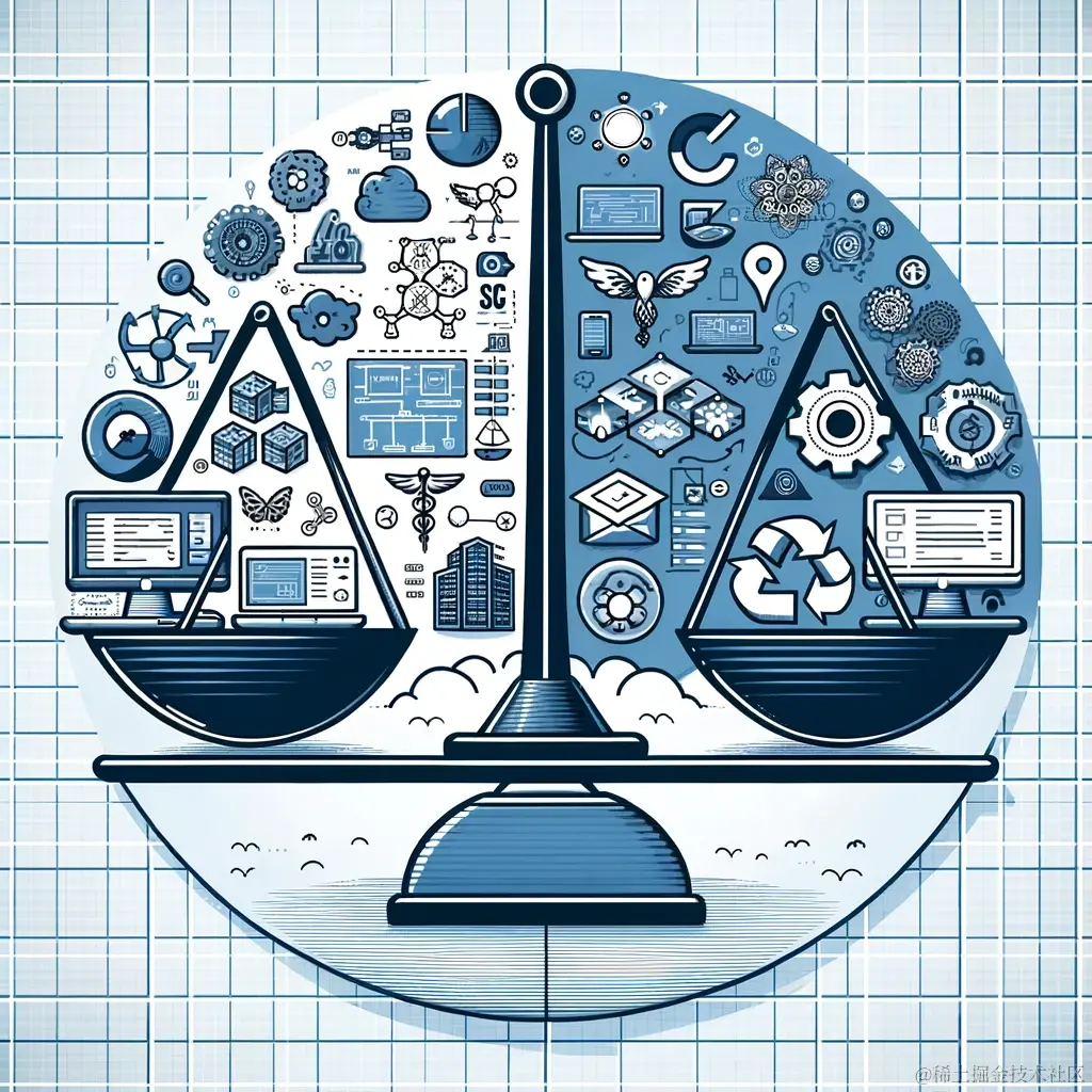DALL·E 2024-02-01 20.59.12 - An illustration showing the balance between software architecture and agile development. The image should depict two sides_ one side represents softwa.png
