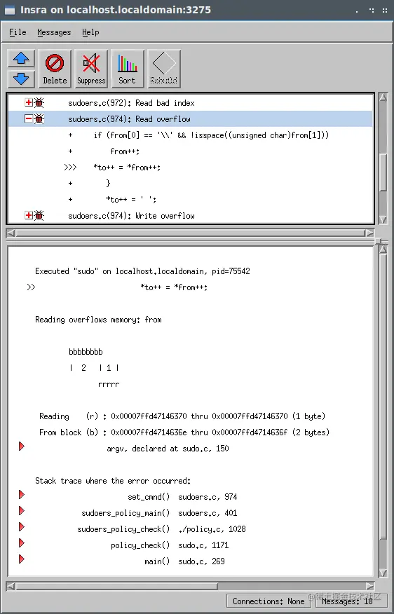 CVE-2021-3156的Insure++ sudoers.c (974)读溢出的屏幕截图