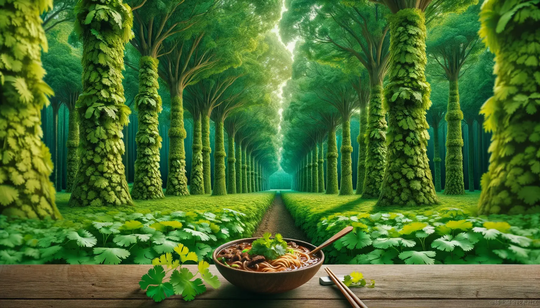 DALL·E 2023-12-23 17.33.30 - Picture an entire forest where every tree is replaced with gigantic cilantro plants. The scene is a sea of green with colossal cilantro leaves and sta.png