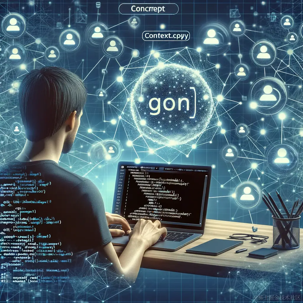 DALL·E 2024-01-02 21.39.51 - An illustration showing a developer working on a laptop with the Gin framework in Go language. The screen displays the 'Context.Copy' function code, a.png