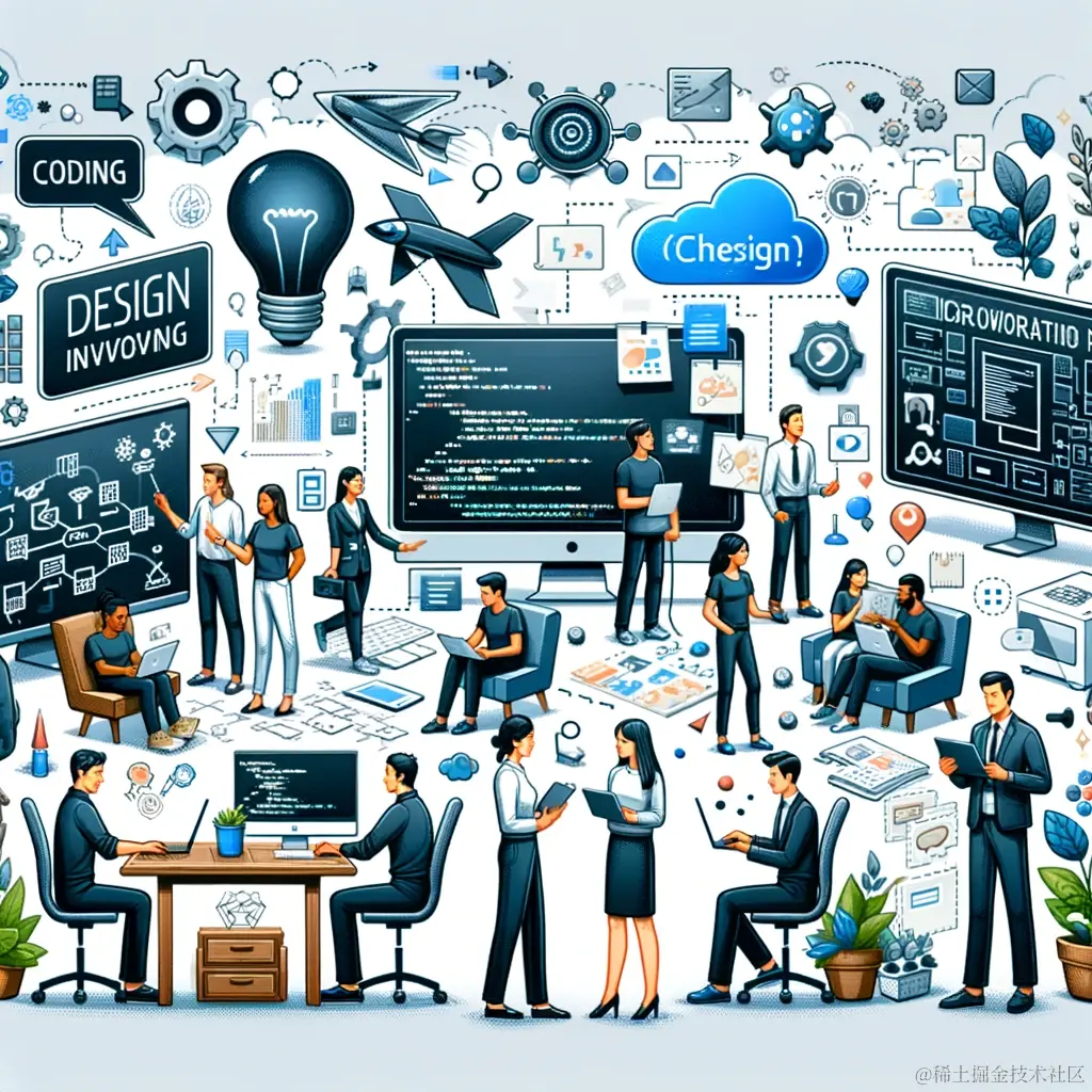 DALL·E 2024-02-19 15.07.53 - Illustration showing the evolution of the software engineer's role from traditional coding tasks to more involved in design and decision-making proces.webp