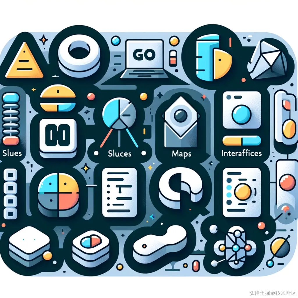 DALL·E 2023-11-20 21.40.48 - An illustration showing various Go language reference types. The image should depict symbols or abstract representations of Slices, Maps, Channels, In.png