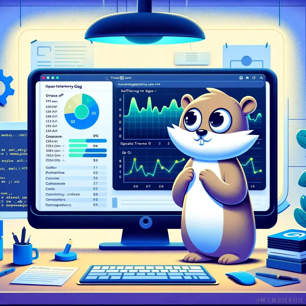 DALL·E 2023-11-28 23.02.59 - Illustration depicting the concept of software performance monitoring in a Go project with OpenTelemetry. Show a Go gopher, the mascot of the Go progr.png