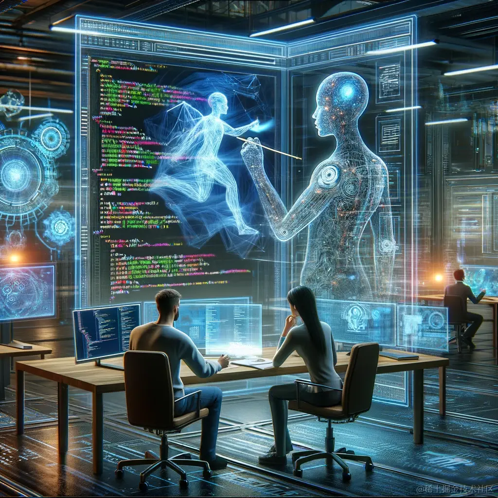 DALL·E 2024-03-15 12.08.06 - In a futuristic world, a human programmer and an AI programmer are shown working together in harmony inside a high-tech office. The human programmer i.webp