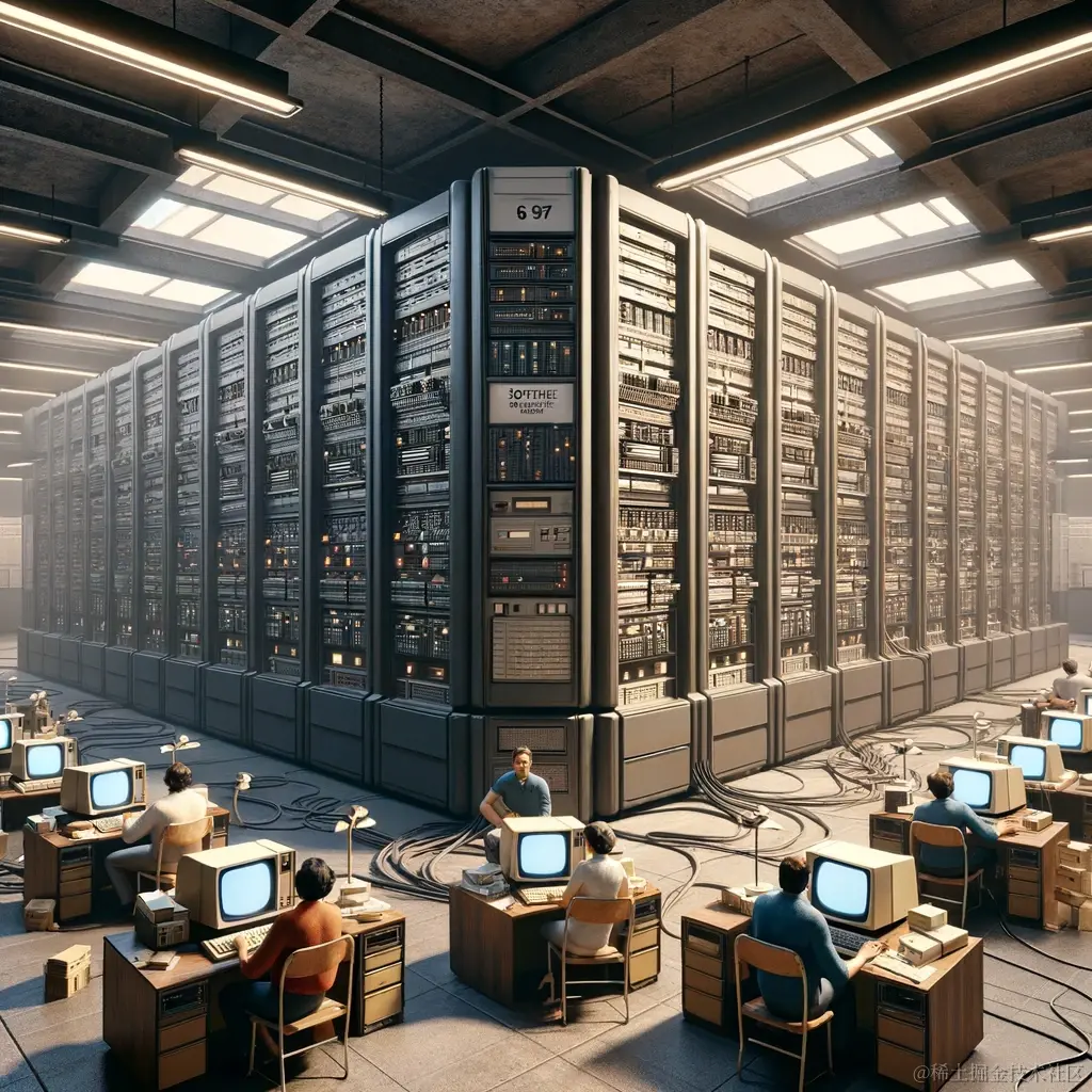 DALL·E 2024-01-31 22.25.13 - A historical depiction of the 1970s and 1980s software development environment, showcasing a large mainframe computer typical of the era, surrounded b.png