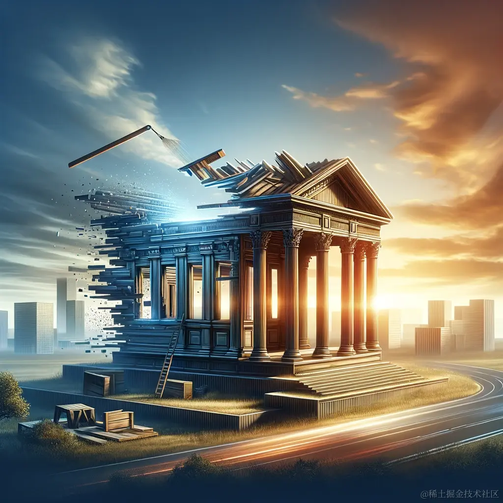 DALL·E 2024-01-11 22.41.30 - A symbolic representation of the concept of creative destruction in software and system architecture. The image should depict a metaphorical scene whe.png