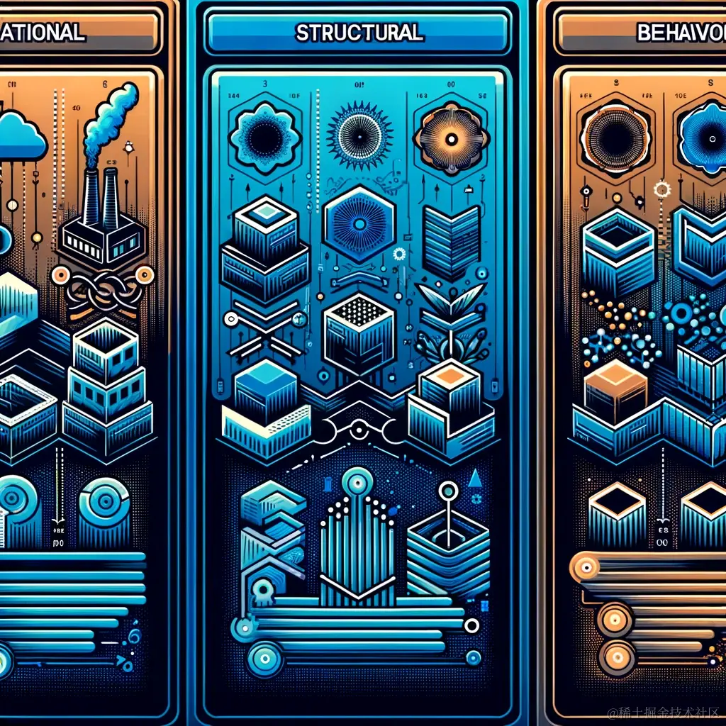DALL·E 2023-11-12 16.53.54 - An abstract illustration that visually represents the classification and application of software design patterns. The image should feature three disti.png