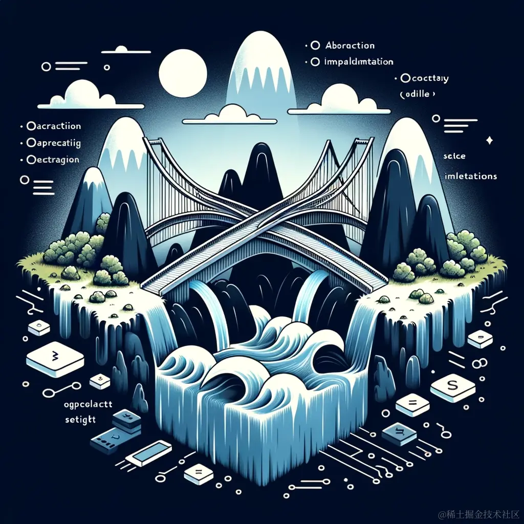 DALL·E 2023-11-17 22.54.16 - A conceptual illustration depicting the Bridge design pattern in software engineering. The image should show a symbolic bridge connecting two differen.png
