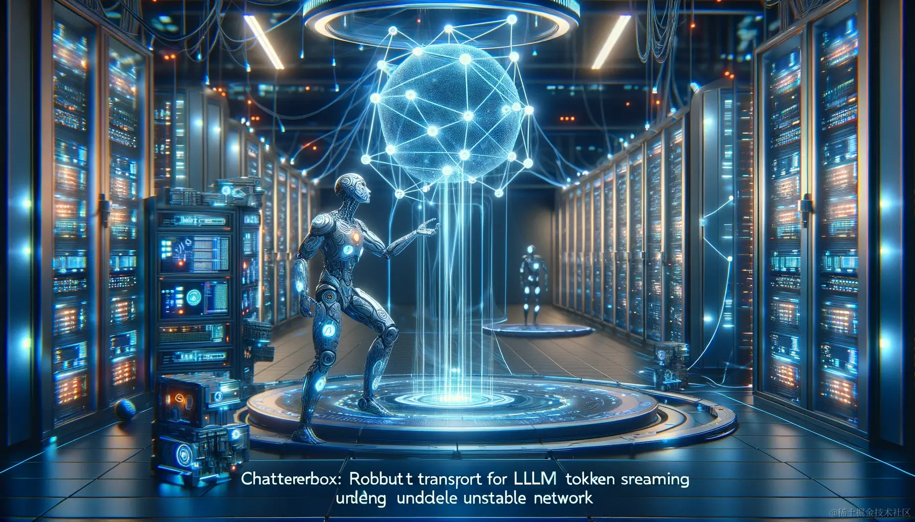 DALL·E 2024-01-25 09.46.34 - Visualize the theme 'Chatterbox_ Robust Transport for LLM Token Streaming under Unstable Network'. Imagine a futuristic scene where an advanced AI, re.png