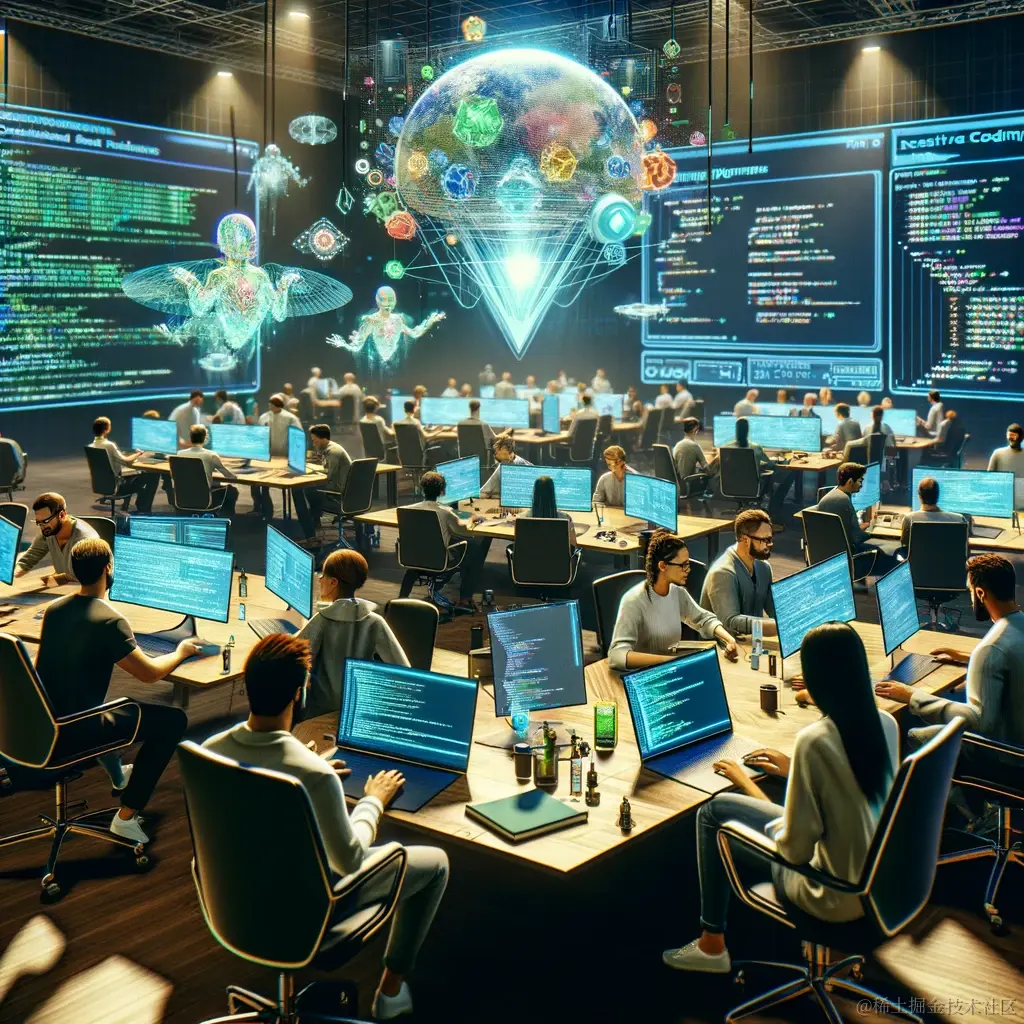 DALL·E 2024-02-25 13.34.51 - An interactive coding workshop with programmers and developers seated at round tables, engaging in collaborative programming challenges. Each table is.webp