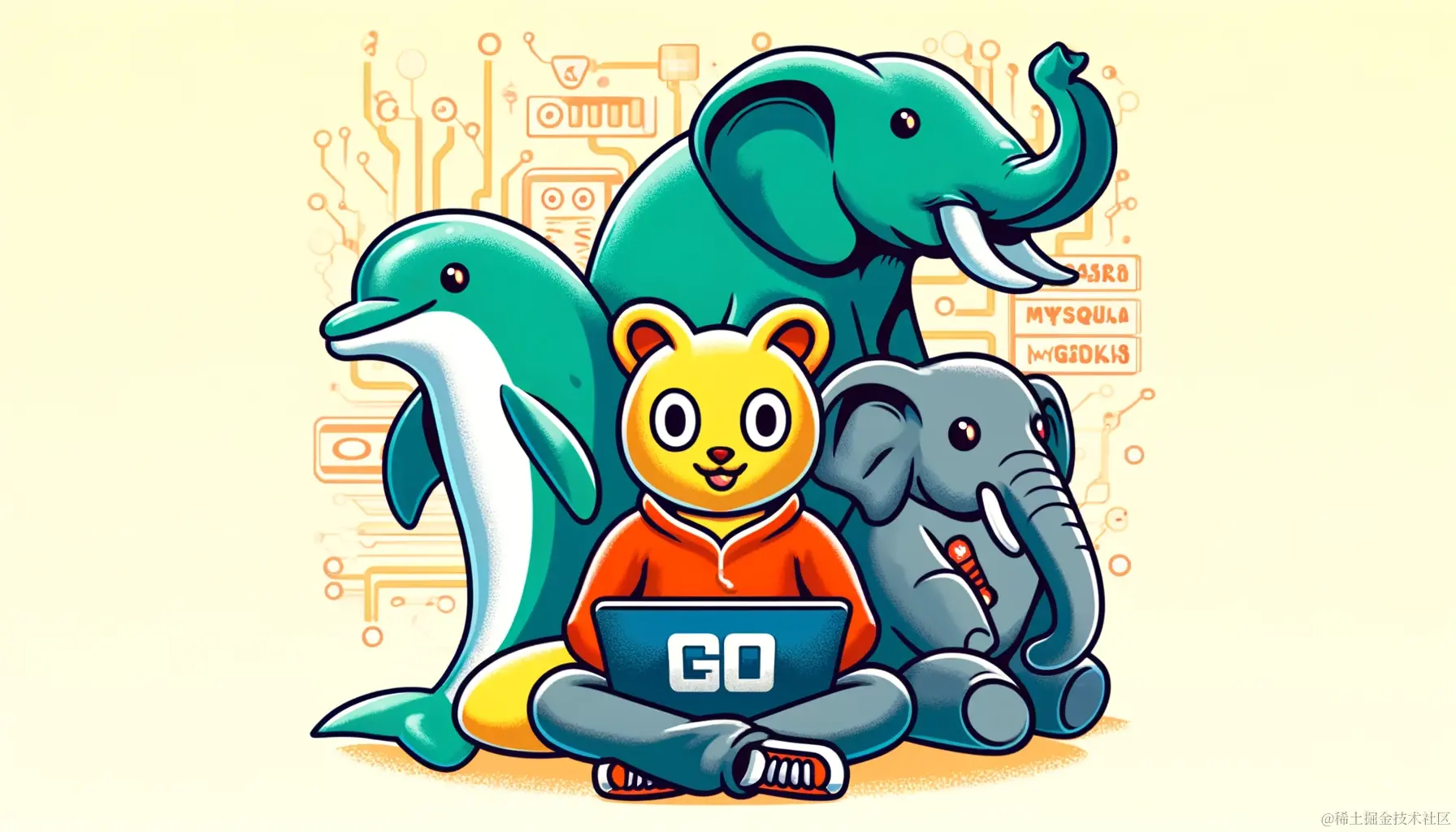 DALL·E 2024-05-19 22.05.37 - An illustration featuring the mascots of Go, MySQL, and PostgreSQL together. The Go gopher is in the center, coding on a laptop. To the left, the MySQ.webp