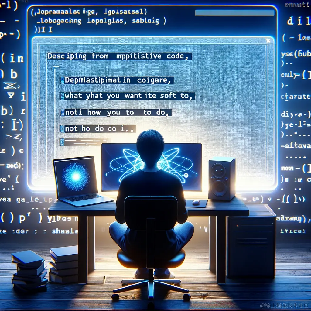 DALL·E 2024-03-10 15.42.41 - A programmer sits in front of a computer, surrounded by symbols of code and algorithms. They are communicating with the computer using natural languag.webp