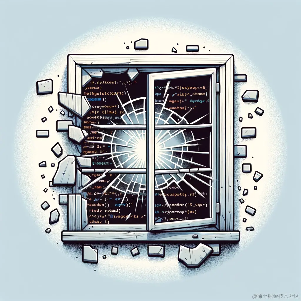 DALL·E 2024-01-23 21.42.18 - An illustration depicting the broken window theory in software development. The image shows a shattered window, symbolizing the deterioration of code .png